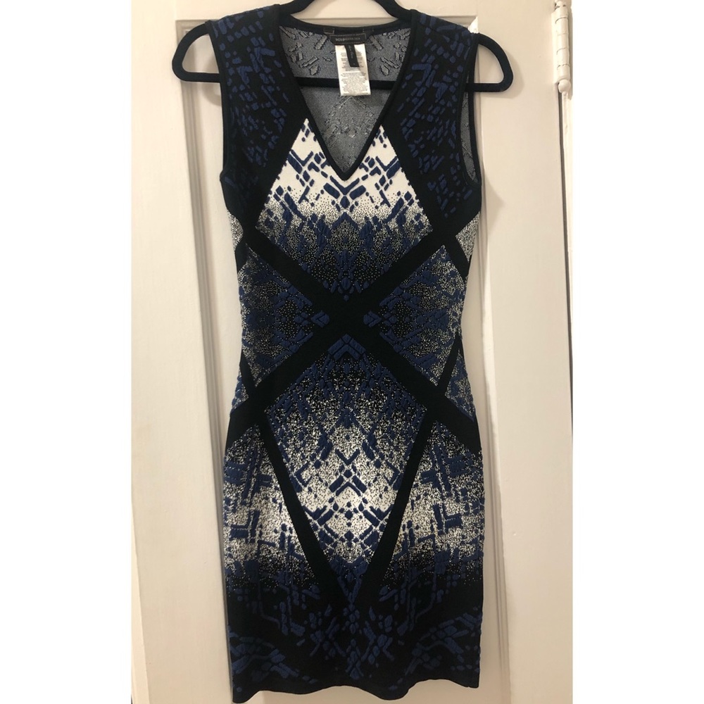 BCBG Blue, Black, & White Body-con Mini Dress (S)